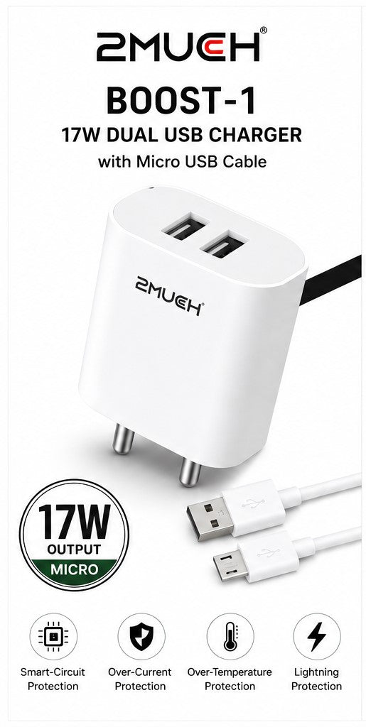 2Much BOOST-1 17W Dual USB Charger with Micro USB Cable (10 Pc Pack)
