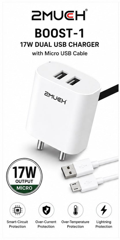 2Much BOOST-1 17W Dual USB Charger with Micro USB Cable (10 Pc Pack)