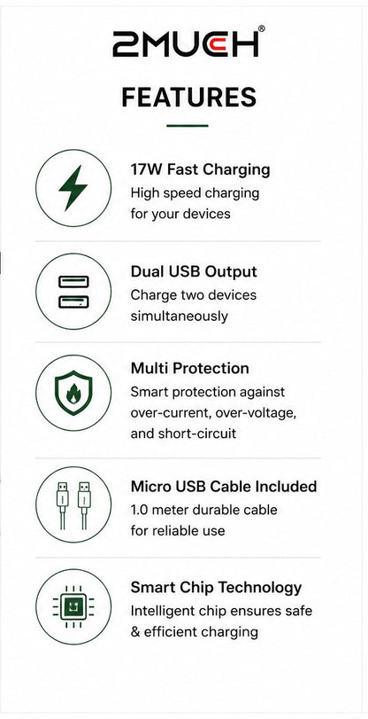 2Much BOOST-1 17W Dual USB Charger with Micro USB Cable (10 Pc Pack)