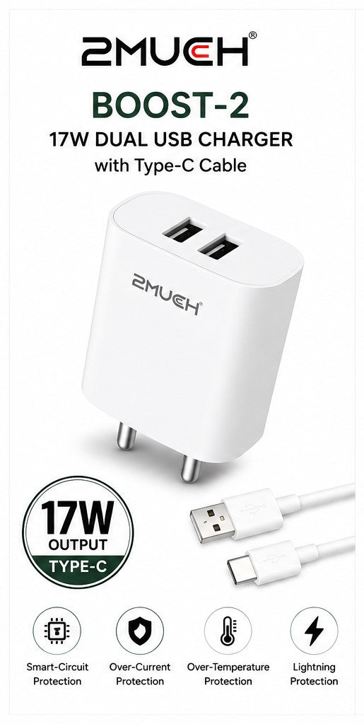 2Much BOOST-2 17W Dual USB Charger with Type-C Cable (10 Pc Pack)
