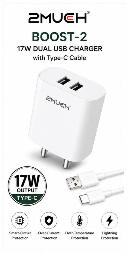 2Much BOOST-2 17W Dual USB Charger with Type-C Cable (10 Pc Pack)
