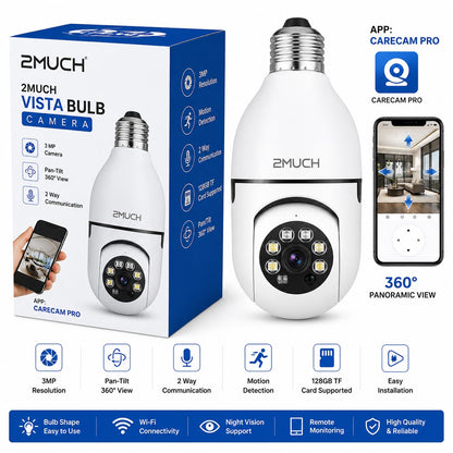 2Much Vista Bulb Camera with 360° Pan Tilt | 3MP WiFi Smart Security Camera | Carecam Pro App Support
