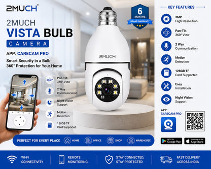 2Much Vista Bulb Camera with 360° Pan Tilt | 3MP WiFi Smart Security Camera | Carecam Pro App Support
