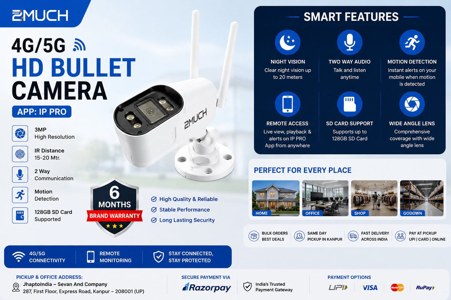 2Much 4G/5G HD Bullet Camera with SIM Support | IP PRO App | 3MP Security Camera