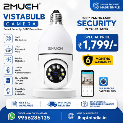 2Much Vista Bulb Camera with 360° Pan Tilt | 3MP WiFi Smart Security Camera | Carecam Pro App Support