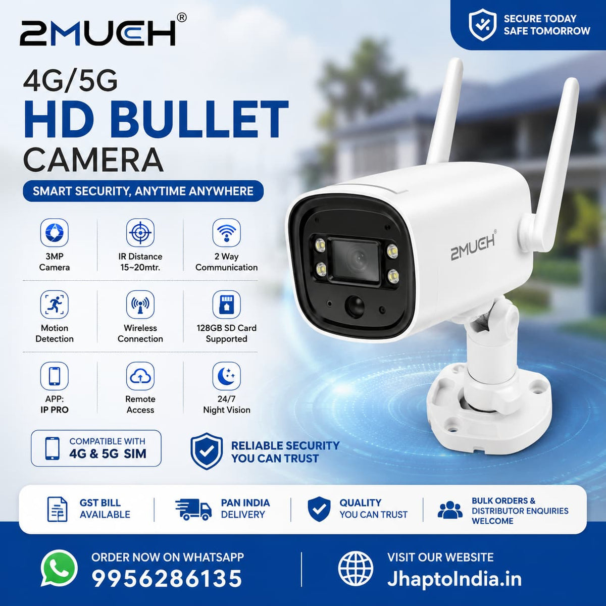 2Much 4G/5G HD Bullet Camera with SIM Support | IP PRO App | 3MP Security Camera
