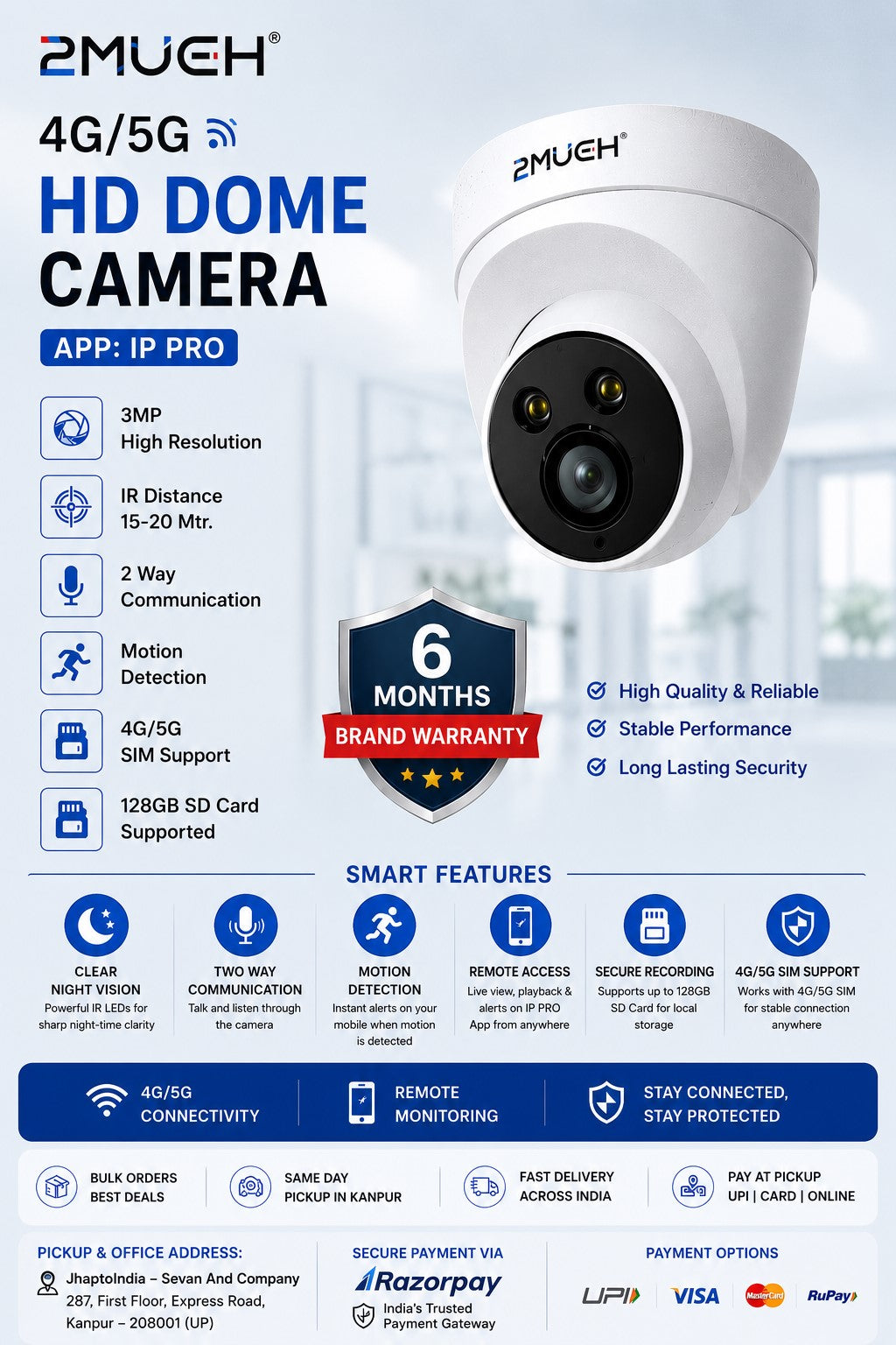 2Much 4G/5G HD Dome Camera with SIM Support | IP PRO App | 3MP Security Camera