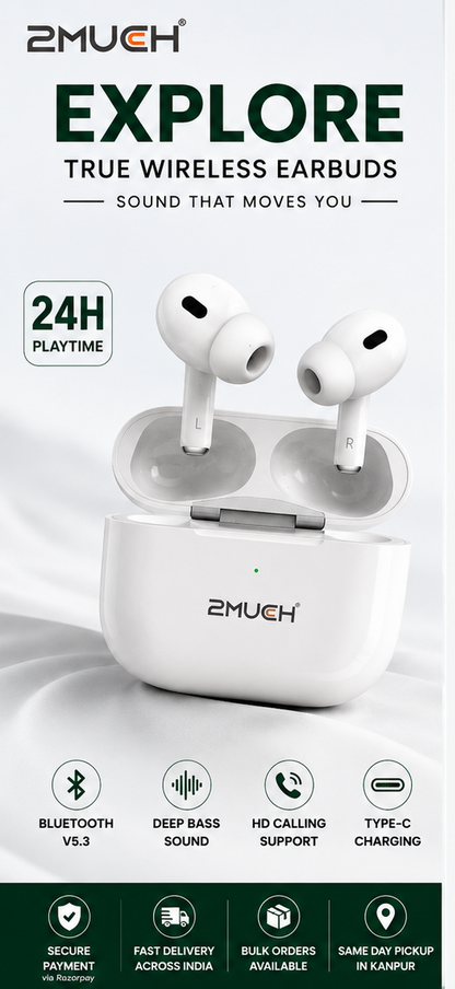 2MUCH EXPLORE TWS – 24H Playtime | Deep Bass | Bluetooth V5.3 | Type-C Charging