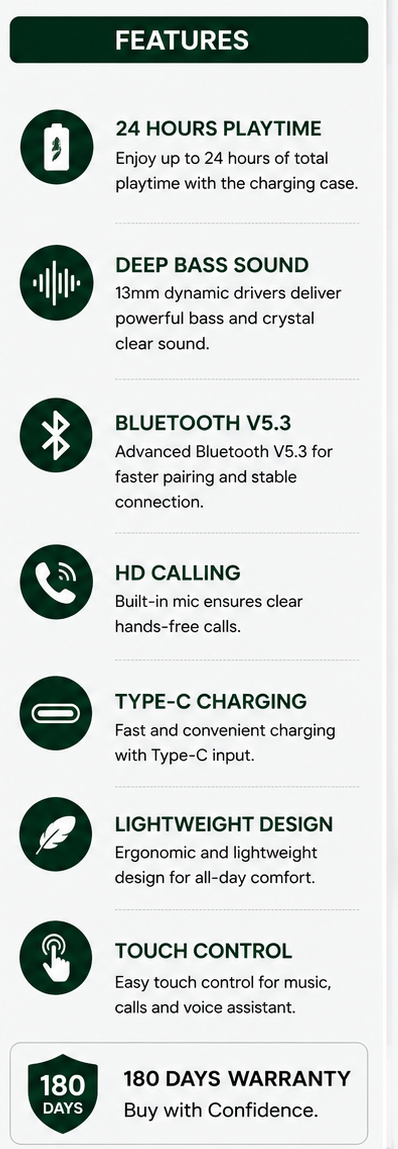 2MUCH EXPLORE TWS – 24H Playtime | Deep Bass | Bluetooth V5.3 | Type-C Charging