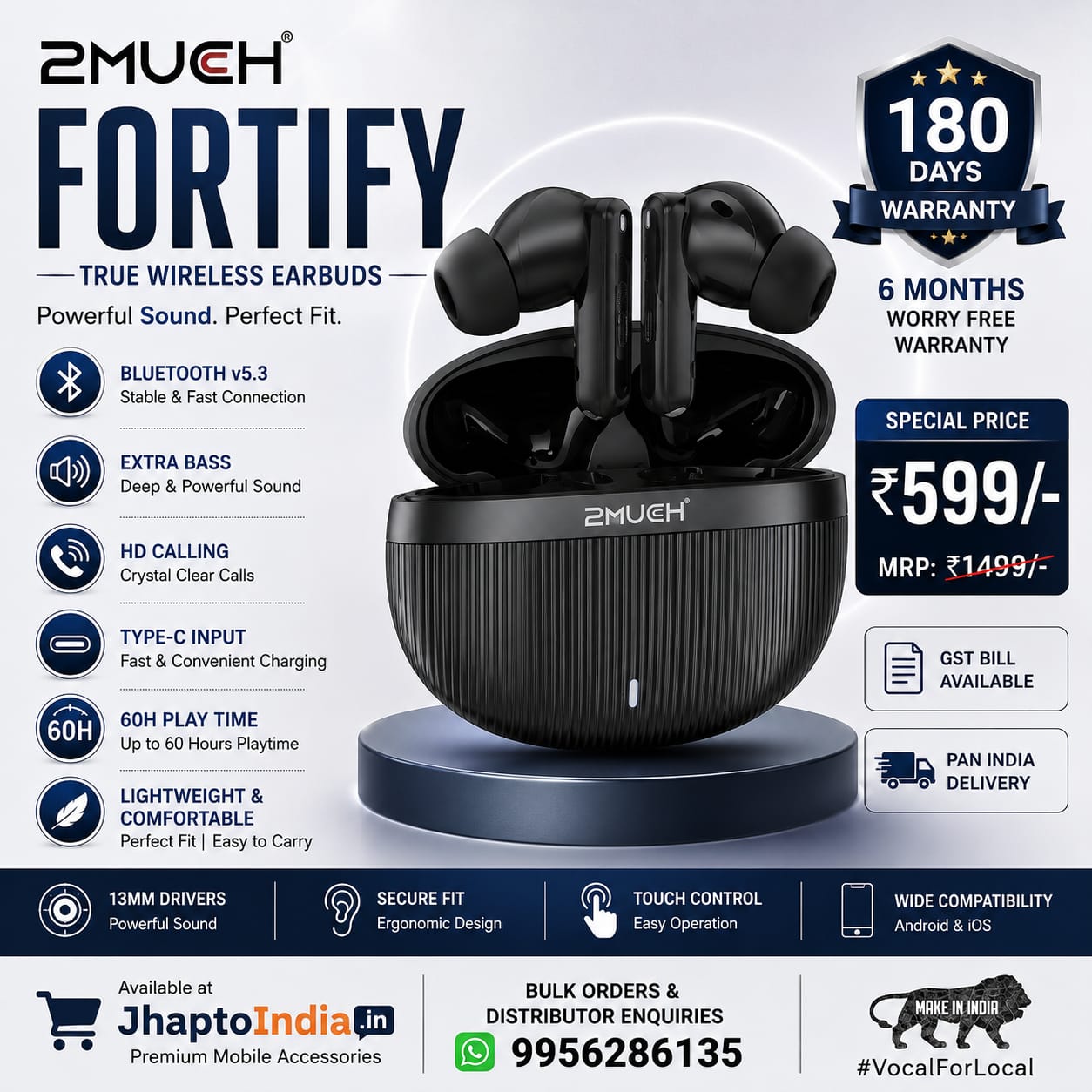2MUCH FORTIFY Wireless Earbuds – 60H Playtime | ENC Calling | Type-C Fast Charging