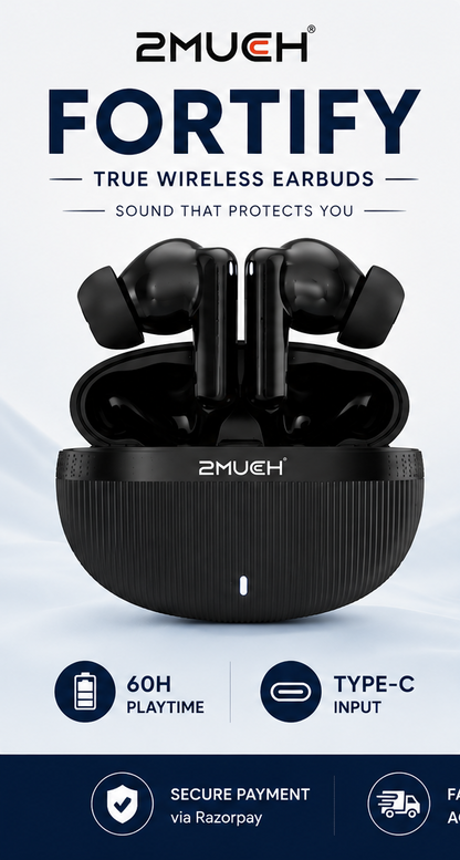 2MUCH FORTIFY Wireless Earbuds – 60H Playtime | ENC Calling | Type-C Fast Charging