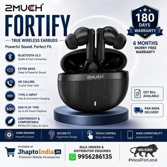 2MUCH FORTIFY Wireless Earbuds – 60H Playtime | ENC Calling | Type-C Fast Charging