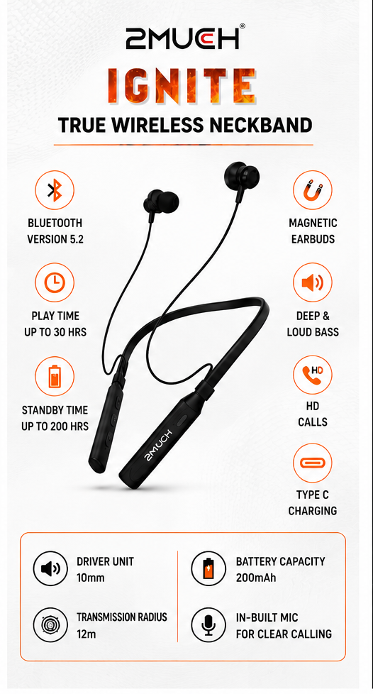 2MUCH IGNITE Wireless Neckband – 35H Playtime | Deep Bass | Type-C Charging