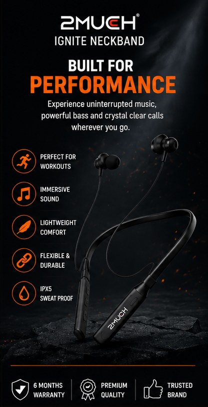 2MUCH IGNITE Wireless Neckband – 35H Playtime | Deep Bass | Type-C Charging