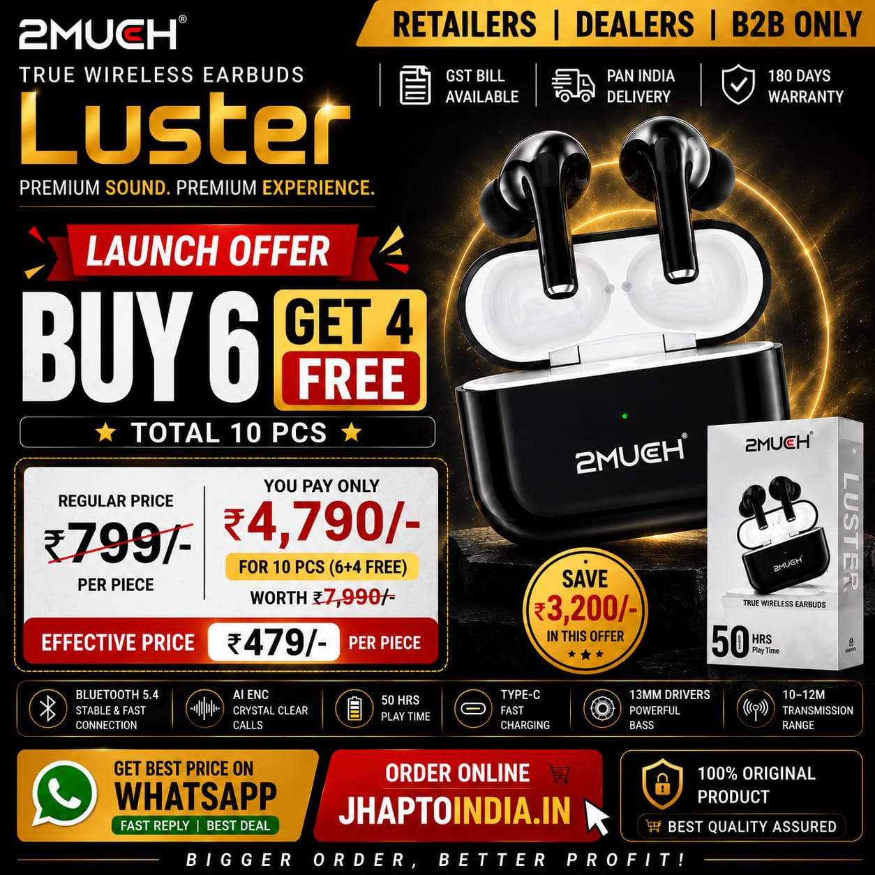 2Much Luster True Wireless Earbuds | 50H Play Time | Bluetooth 5.4 | AI ENC | Type-C Charging | TWS Earbuds