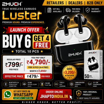 2Much Luster True Wireless Earbuds | 50H Play Time | Bluetooth 5.4 | AI ENC | Type-C Charging | TWS Earbuds