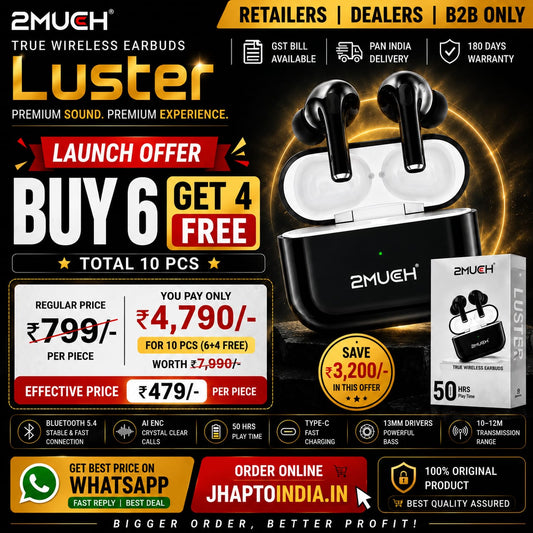 2Much Luster True Wireless Earbuds | 50H Play Time | Bluetooth 5.4 | AI ENC | Type-C Charging | TWS Earbuds