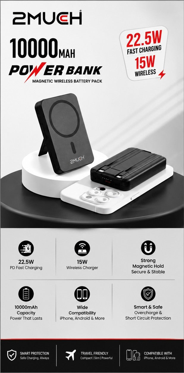 2MUCH 10000mAh Magnetic Wireless Power Bank – 22.5W Fast Charging | 15W Wireless Output