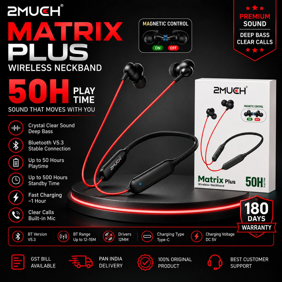 2MUCH Matrix Plus Wireless Neckband – 50H Playtime Bluetooth V5.3