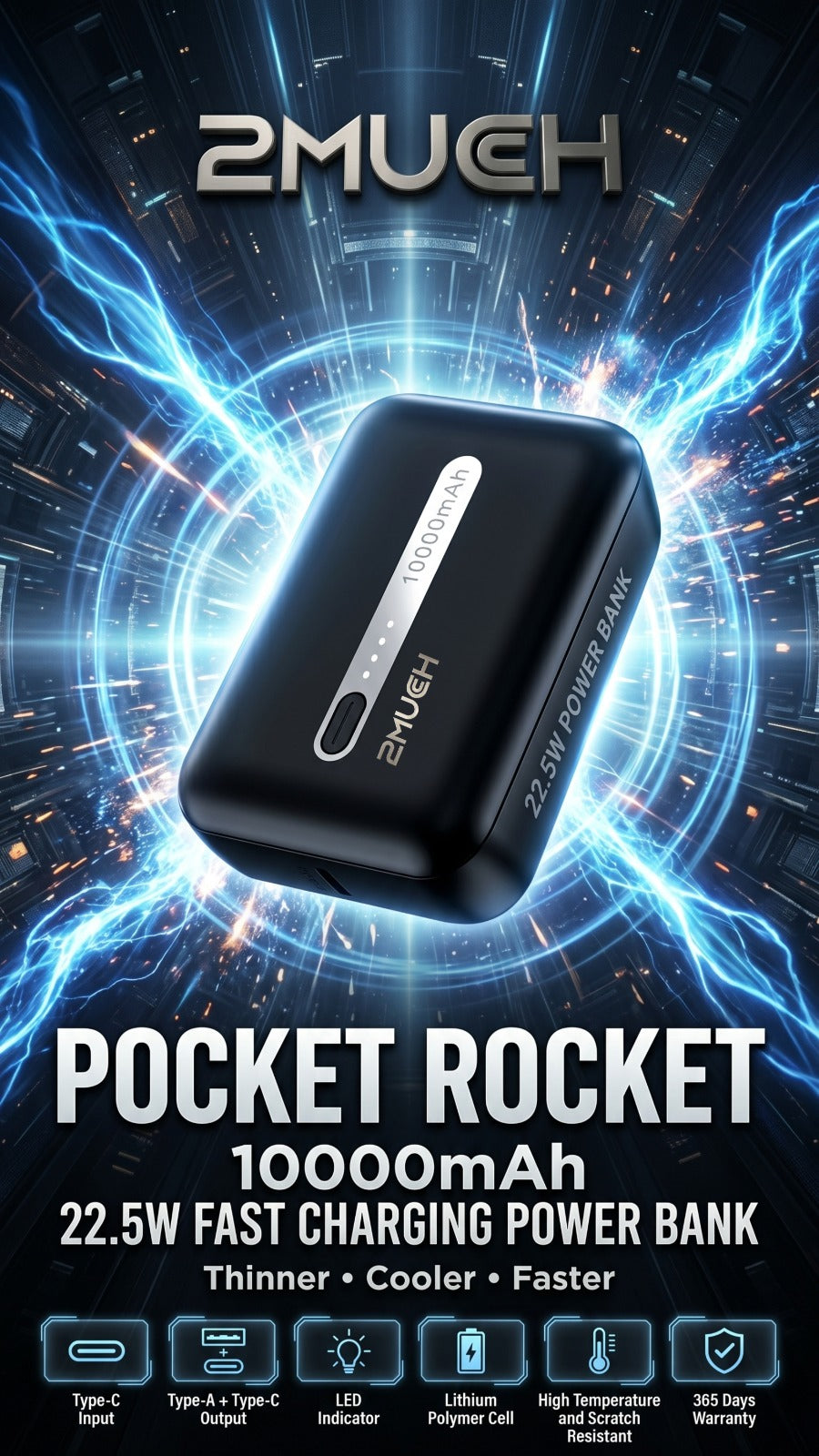 2Much Pocket Rocket Power Bank | 10000mAh | 22.5W Fast Charging | Compact Mini Power Bank