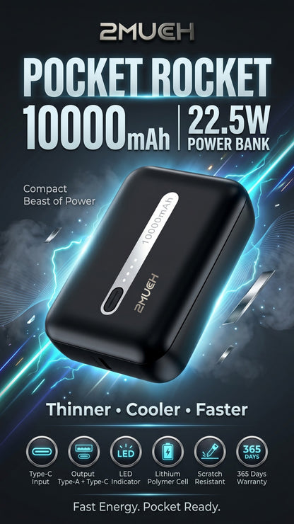 2Much Pocket Rocket Power Bank | 10000mAh | 22.5W Fast Charging | Compact Mini Power Bank