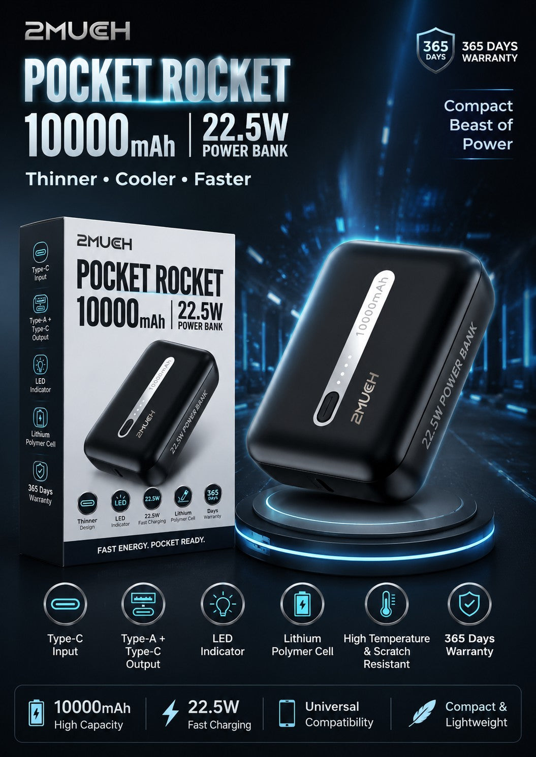 2Much Pocket Rocket Power Bank | 10000mAh | 22.5W Fast Charging | Compact Mini Power Bank
