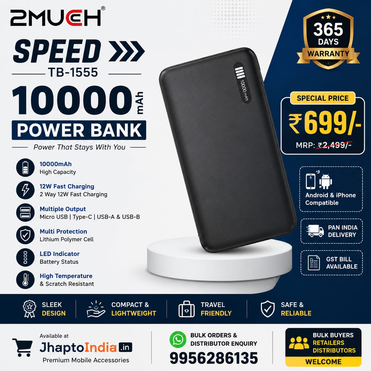 2Much Speed TB-1555 10000mAh 12W Fast Charging Power Bank with Dual Output