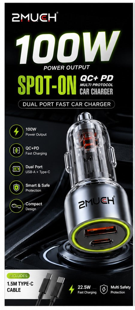 2MUCH Spot-On 100W QC+PD Dual Port Fast Car Charger with Type-C Cable