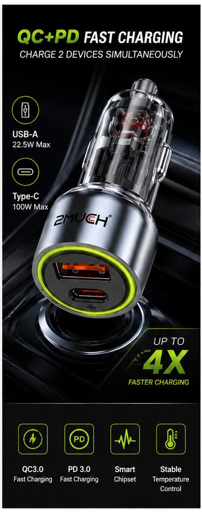 2MUCH Spot-On 100W QC+PD Dual Port Fast Car Charger with Type-C Cable