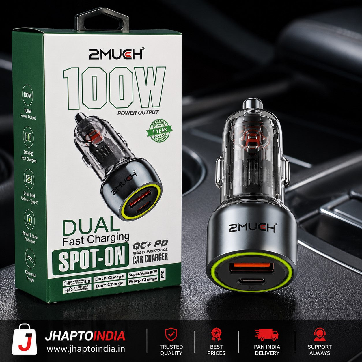 2MUCH Spot-On 100W QC+PD Dual Port Fast Car Charger with Type-C Cable