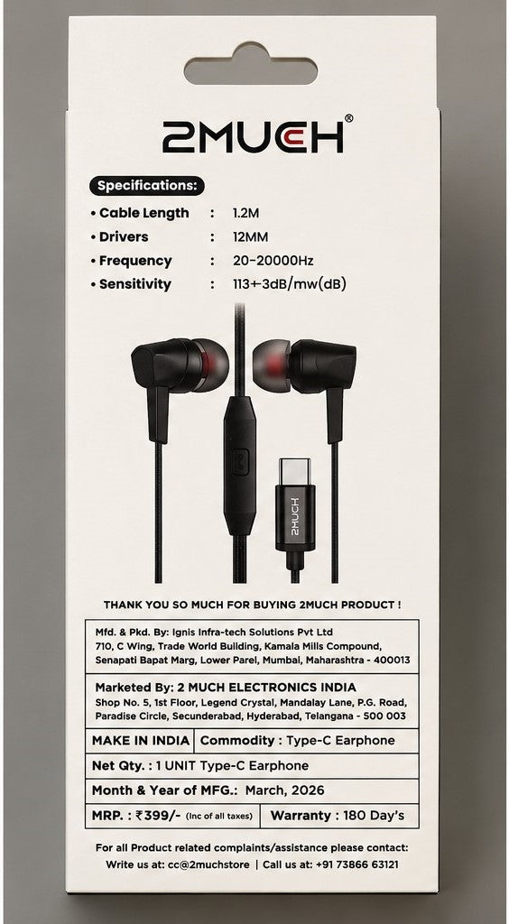 2Much Storm Type-C Wired Earphone with Mic – HD Stereo Sound (10 Pc Pack)