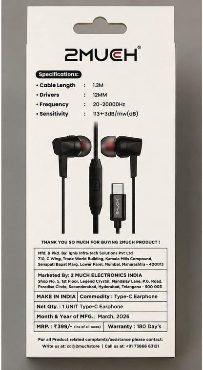 2Much Storm Type-C Wired Earphone with Mic – HD Stereo Sound (10 Pc Pack)