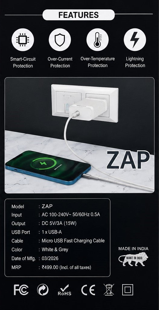2Much ZAP 15W Charger with Micro USB Cable (5 Pc Pack)